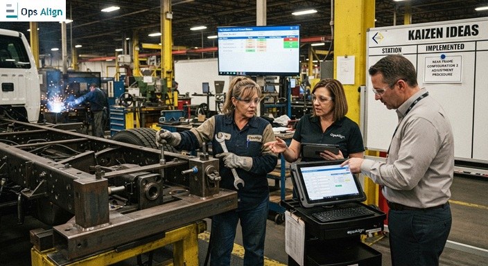 An OpsAlign plant leader reviewing a kaizen board on the shop floor next to the production line